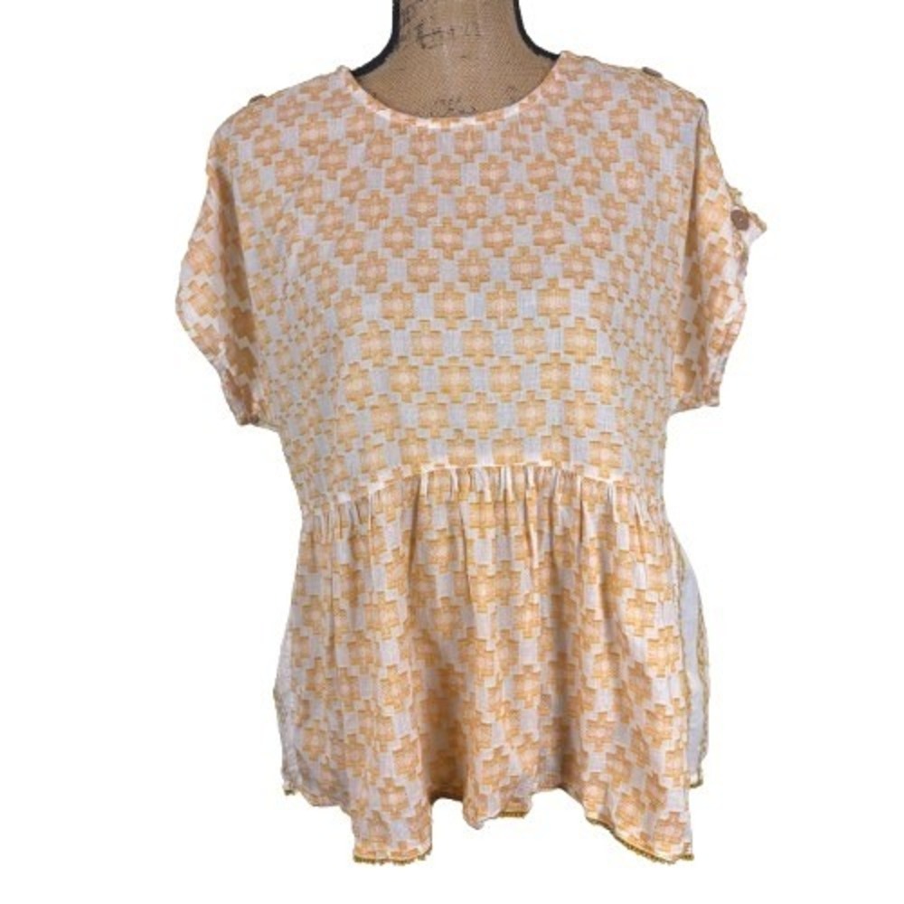 Pilcro by Anthropologie White Yellow Embroidered Babydoll Top Bohemian Medium